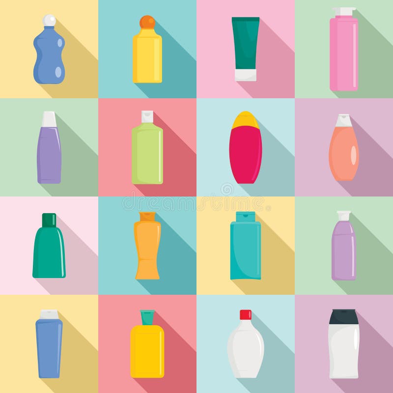 Les icônes de soins capillaires de bouteille de shampooing ont placé, style plat illustration libre de droits Les icônes de soins capillaires de bouteille de shampooing ont placé, style plat illustration libre de droits