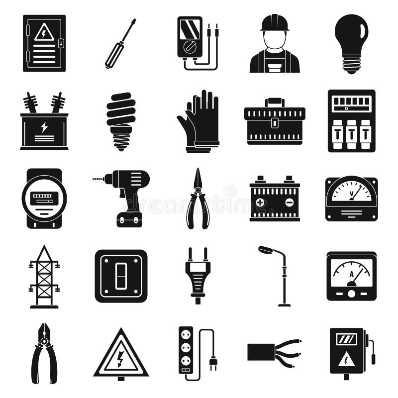 Electrician service worker icons set. Simple set of electrician service worker vector icons for web design on white background. Electrician service worker icons set. Simple set of electrician service worker vector icons for web design on white background