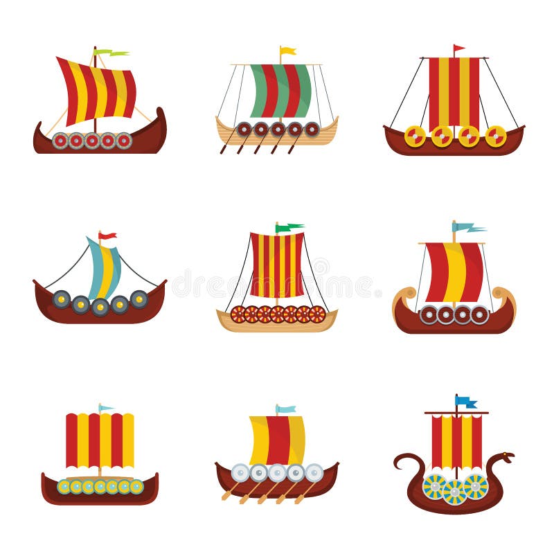 Les icônes drakkar de bateau de bateau de Viking ont placé, style plat illustration stock Les icônes drakkar de bateau de bateau de Viking ont placé, style plat illustration stock