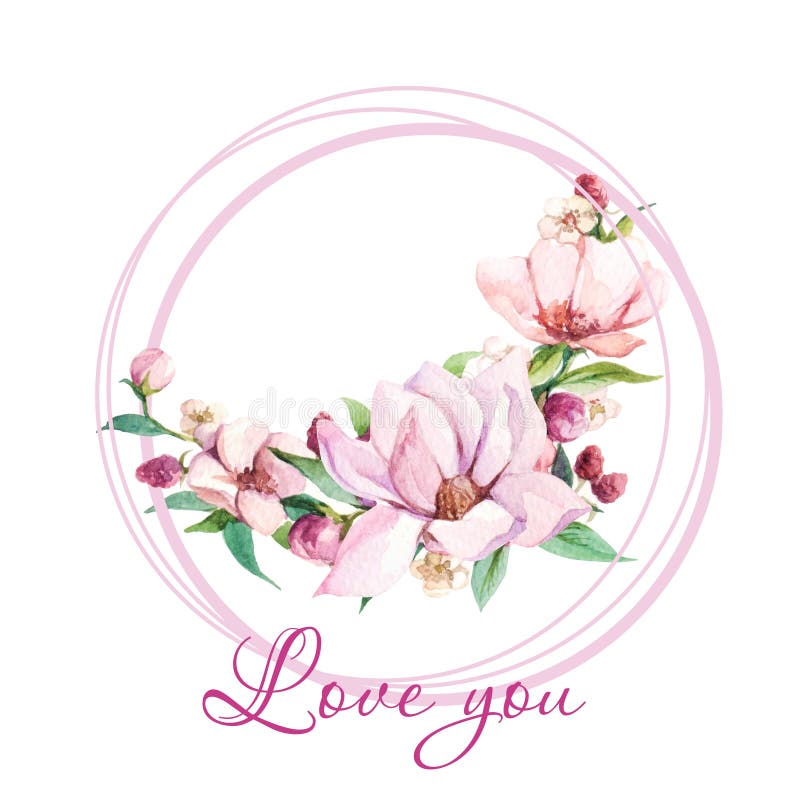 Les illustrations d'aquarelle avec la fleur de magnolia et les mots “vous aiment “ illustration stock Les illustrations d'aquarelle avec la fleur de magnolia et les mots “vous aiment “ illustration stock