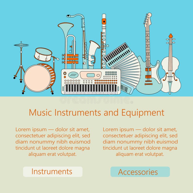 Unique vector illustration with different music instruments synthesizer, drums, accordion, violin, trumpet, harp, drum, saxophone, electric, guitar flute Music web or mobile template. Unique vector illustration with different music instruments synthesizer, drums, accordion, violin, trumpet, harp, drum, saxophone, electric, guitar flute Music web or mobile template