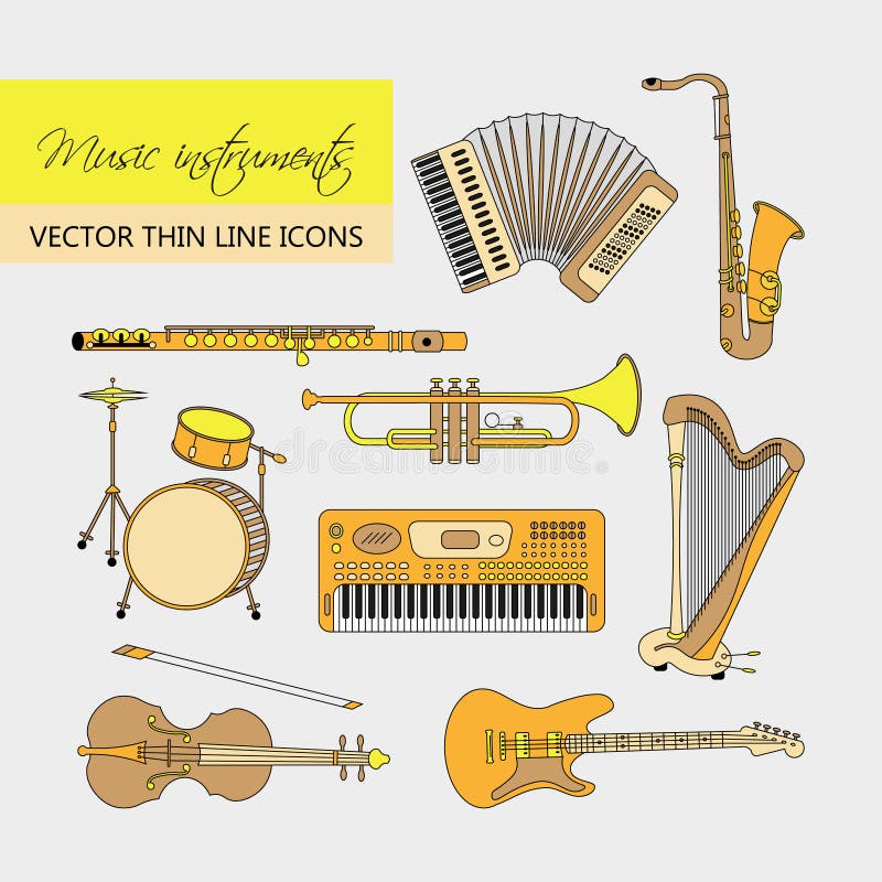Vector thin line icons with different music instruments synthesizer, drums, accordion, violin, trumpet, harp, drum saxophone electric guitar flute piano. Vector thin line icons with different music instruments synthesizer, drums, accordion, violin, trumpet, harp, drum saxophone electric guitar flute piano