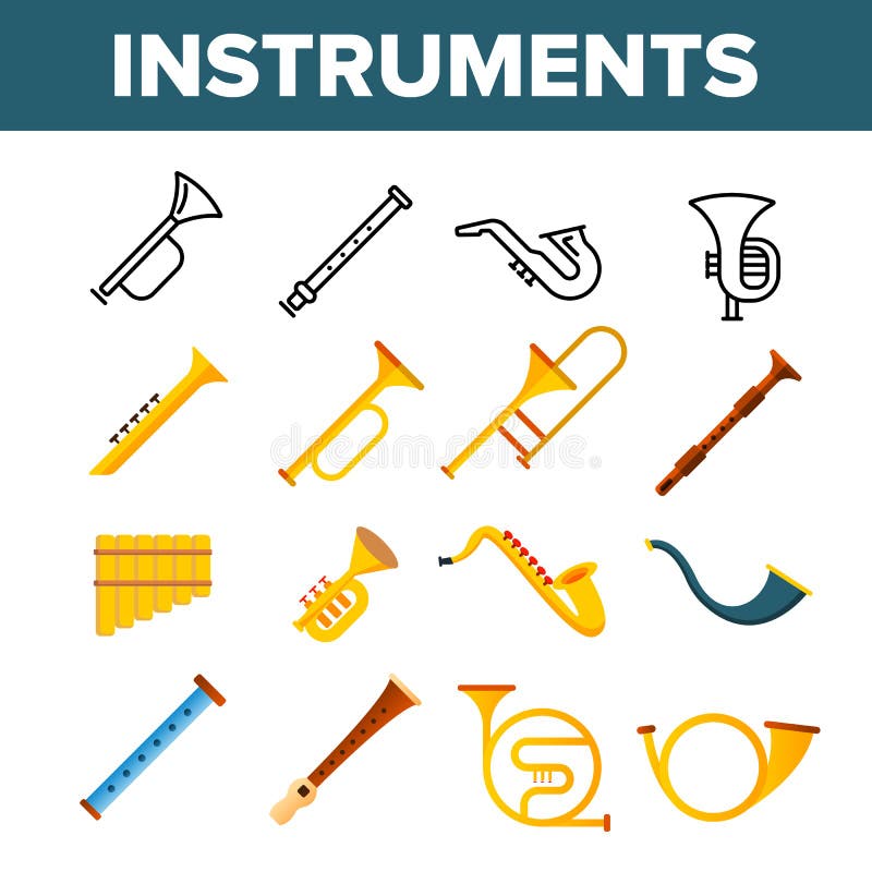 Wind Musical Instruments Vector Color Icons Set. Trumpet, Saxophone Acoustic Instruments Linear Symbols Pack. Jazz Symphony Orchestra, Blues Band. Golden Horn, Pipe, Flute Isolated Flat Illustrations. Wind Musical Instruments Vector Color Icons Set. Trumpet, Saxophone Acoustic Instruments Linear Symbols Pack. Jazz Symphony Orchestra, Blues Band. Golden Horn, Pipe, Flute Isolated Flat Illustrations