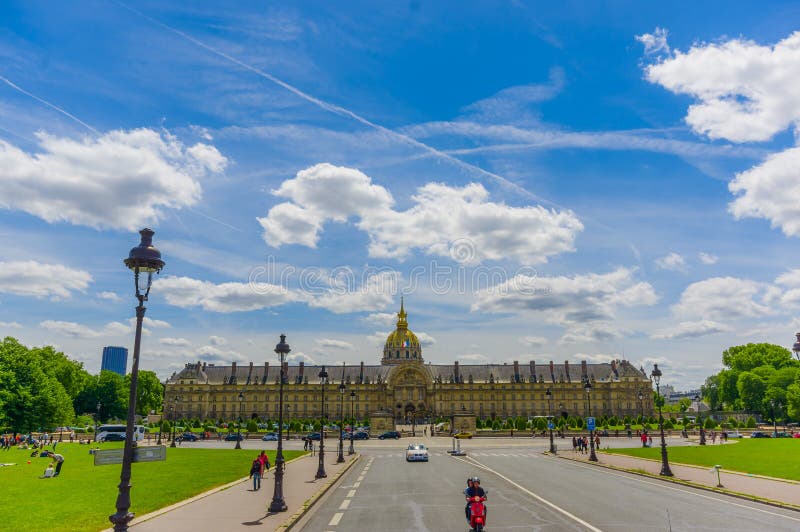 PARIS, FRANCE - JUNE 1, 2015: Les Invalids, The National Redisdence of the Invalids, complex of buildings in Paris relating to the military history of France. PARIS, FRANCE - JUNE 1, 2015: Les Invalids, The National Redisdence of the Invalids, complex of buildings in Paris relating to the military history of France