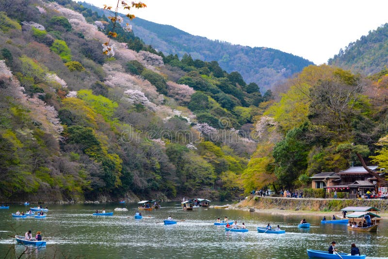 Les jeunes amants et familles barbotent des bateaux à rames vers le haut de Katsura River à Kyoto pour apprécier les fleurs de ce photographie stock libre de droits Les jeunes amants et familles barbotent des bateaux à rames vers le haut de Katsura River à Kyoto pour apprécier les fleurs de ce photographie stock libre de droits