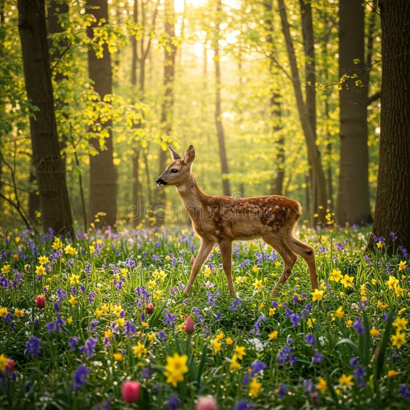 Les jeunes cerfs générés par l'IA marchent gracieusement dans une forêt printanière vibrante illustration de vecteur