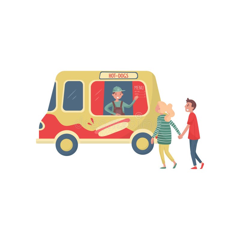 Les jeunes couples s'approchent du camion de hot dog Vendeur gai ondulant à la main Van avec les aliments de préparation rapide d illustration stock Les jeunes couples s'approchent du camion de hot dog Vendeur gai ondulant à la main Van avec les aliments de préparation rapide d illustration stock