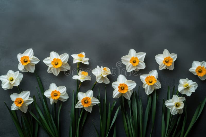 Les jonquilles sur fond foncé mettent en évidence leurs floraisons jaunes et blanches vibrantes du printemps photos stock