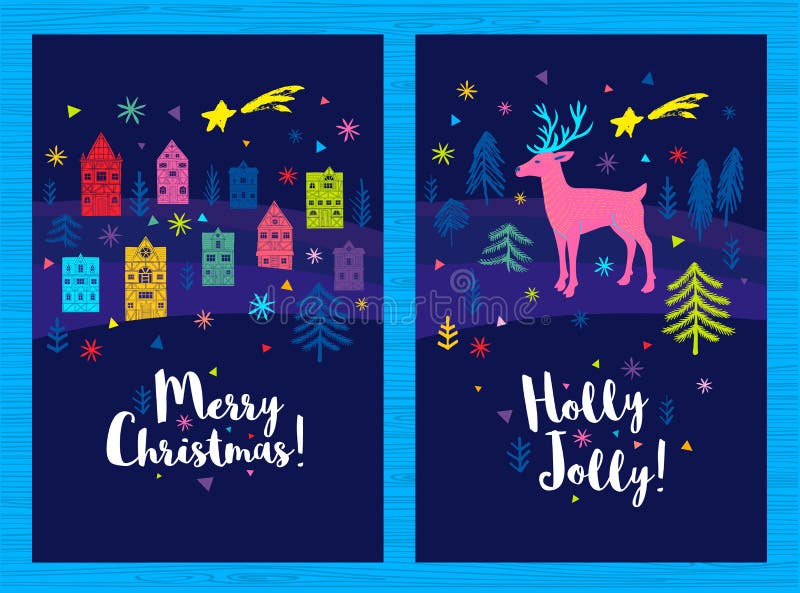 Les joyeux cristmas tiennent le premier rôle des cartes de voeux de saisons. Étoiles colorées de façades de bâtiments d'habitation illustration stock