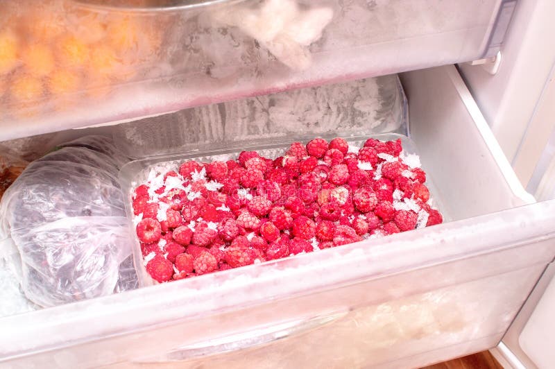 Les Légumes Congelés Et Les Framboises Dans Un Contenant Sont Entreposés  Dans Le Bac Congélateur Ajar. Congélation Pour L'hiver Image stock - Image  du fruits, frais: 240204859