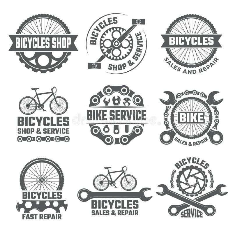Les labels et les logos de sport ont placé avec des pièces de bicyclette illustration stock Les labels et les logos de sport ont placé avec des pièces de bicyclette illustration stock
