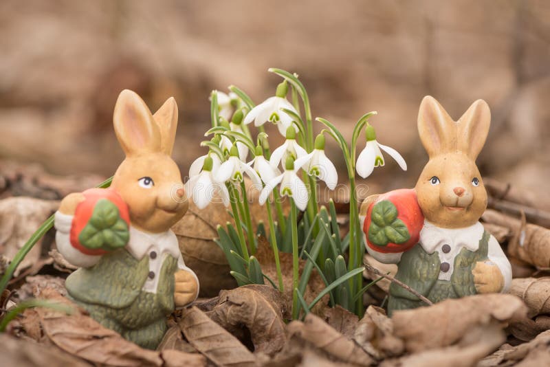 Les lapins de Pâques part au printemps à côté des perce-neige photographie stock Les lapins de Pâques part au printemps à côté des perce-neige photographie stock