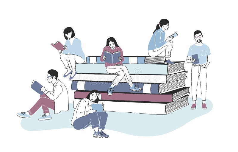 Les lecteurs masculins et féminins se sont habillés dans des vêtements élégants se reposant sur la pile des livres géants ou près illustration libre de droits Les lecteurs masculins et féminins se sont habillés dans des vêtements élégants se reposant sur la pile des livres géants ou près illustration libre de droits