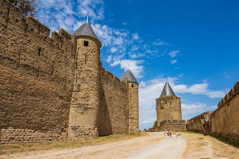 Carcassonne,France. August 3,2021. Les Lices,gap between Carcassonne walls. La Cite Medievel UNESCO World Heritage Site. Carcassonne,France. August 3,2021. Les Lices,gap between Carcassonne walls. La Cite Medievel UNESCO World Heritage Site.