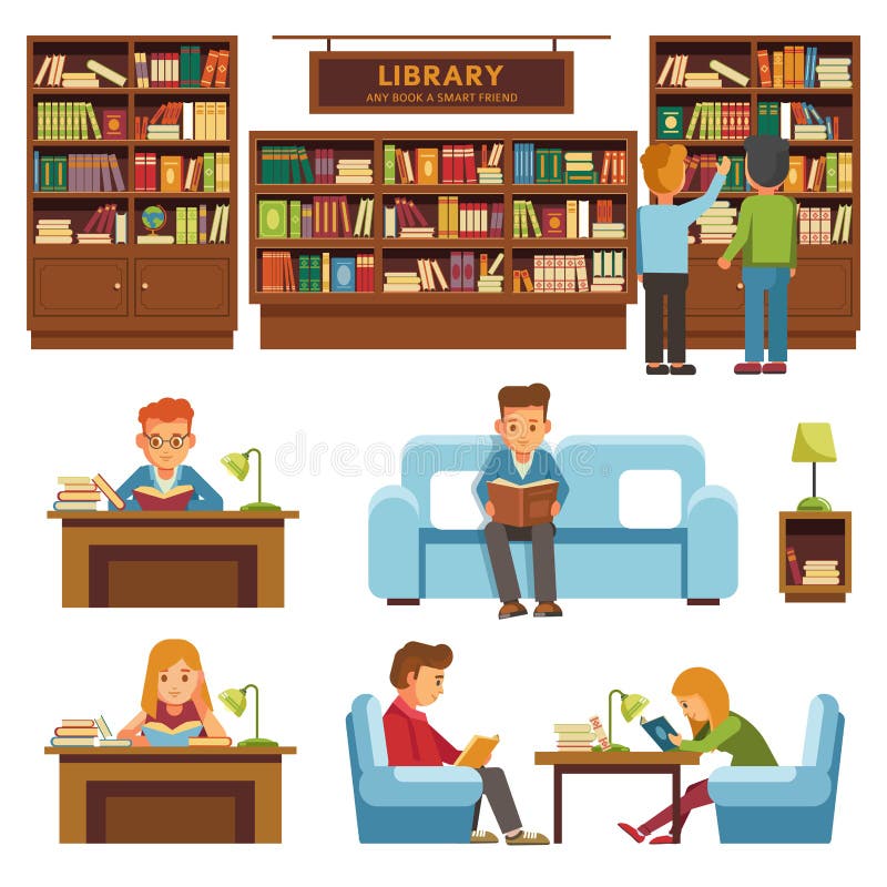 Les livres et les personnes de bibliothèque lisant dans la librairie dirigent la conception plate illustration de vecteur Les livres et les personnes de bibliothèque lisant dans la librairie dirigent la conception plate illustration de vecteur