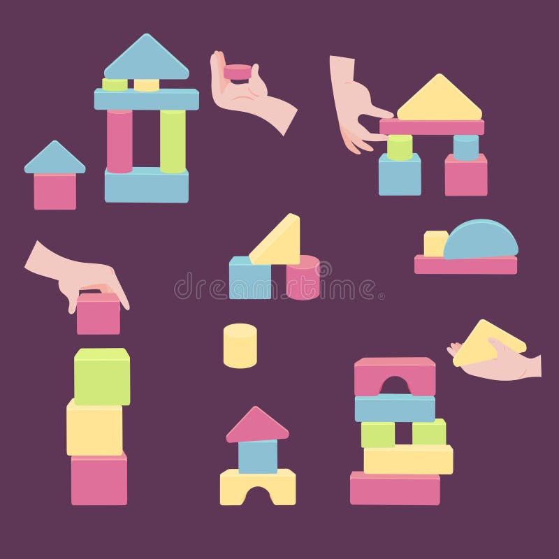 Les mains avec des briques pour la tour en bois de coordination jouent illustration de vecteur Les mains avec des briques pour la tour en bois de coordination jouent illustration de vecteur