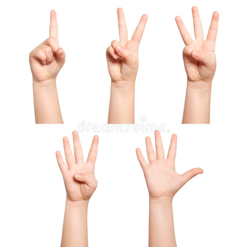 Les mains d'isolement d'enfants montrent au numéro un deux trois quatre cinq photographie stock libre de droits Les mains d'isolement d'enfants montrent au numéro un deux trois quatre cinq photographie stock libre de droits