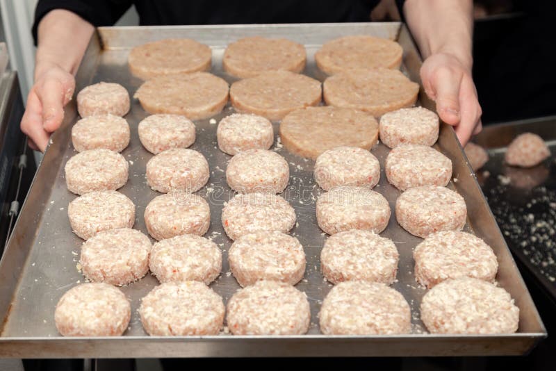 Les mains de cuisinier de chef de plan rapproch? tiennent des c?telettes de poulet pour des hamburgers Miettes de pain sur le pla photo stock Les mains de cuisinier de chef de plan rapproch? tiennent des c?telettes de poulet pour des hamburgers Miettes de pain sur le pla photo stock