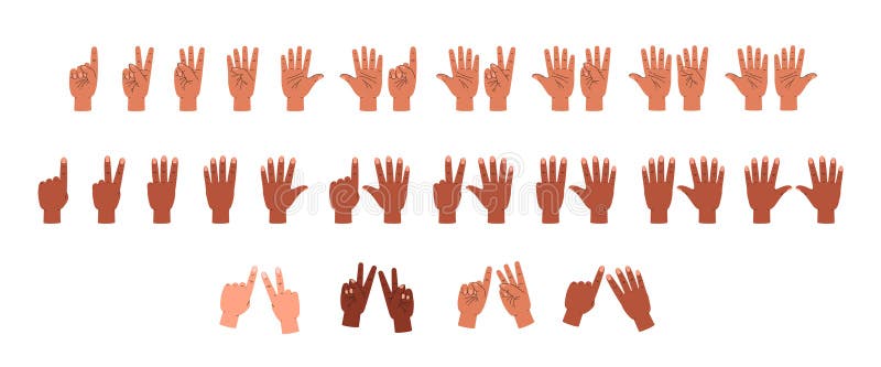 Hands of people belonging to different ethnic groups count and show numbers with finger gestures, set of flat cartoon vector illustrations isolated on white background. Hands of people belonging to different ethnic groups count and show numbers with finger gestures, set of flat cartoon vector illustrations isolated on white background.
