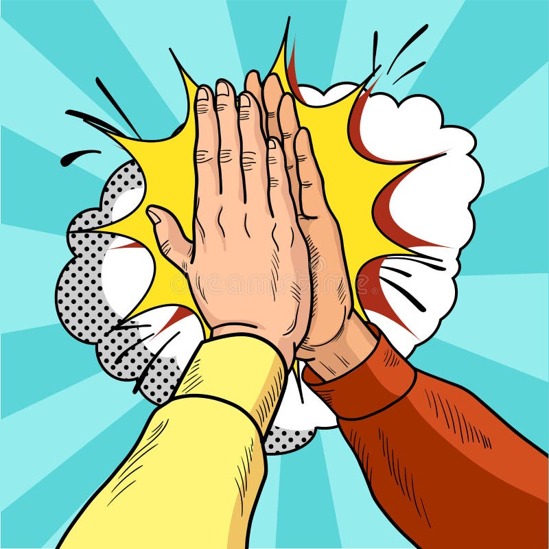 Les mains donnent à cinq l'art de bruit Mains masculines dans un geste de succès Chandails jaunes et rouges Illustration de bande illustration stock