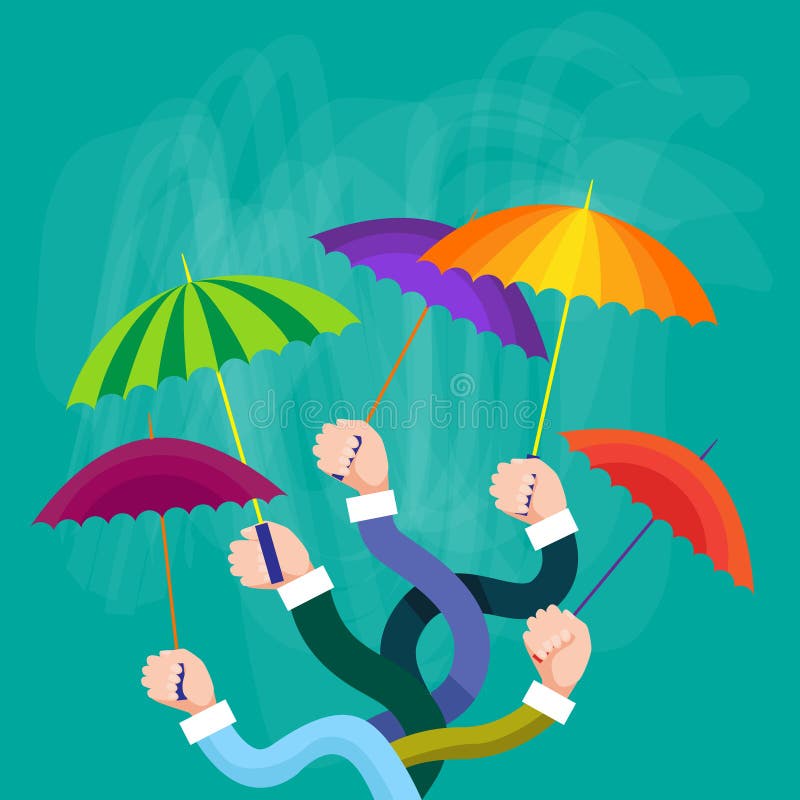 Les mains groupent tenir les parapluies colorés, concept de soutien illustration stock Les mains groupent tenir les parapluies colorés, concept de soutien illustration stock