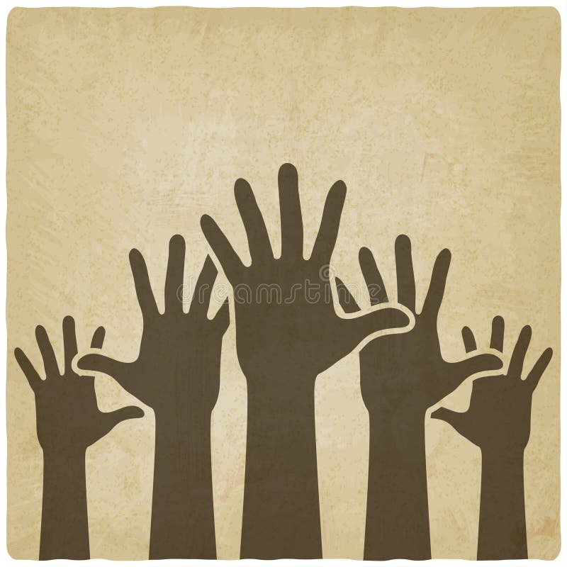 Les mains lèvent le vieux fond de symbole illustration stock Les mains lèvent le vieux fond de symbole illustration stock