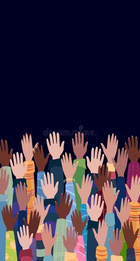 Hands raised up, different people from different ethnic groups. Vector illustration. The concept of diversity. Raised hands of different skin colors. Hands raised up, different people from different ethnic groups. Vector illustration. The concept of diversity. Raised hands of different skin colors