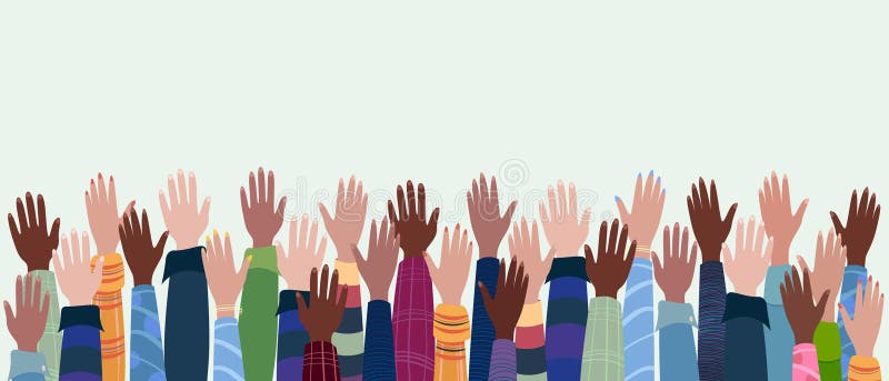 Hands raised up, different people from different ethnic groups. Female and male hands isolated on a pastel background. Vector illustration. The concept of diversity. Raised hands of different skin colors. Hands raised up, different people from different ethnic groups. Female and male hands isolated on a pastel background. Vector illustration. The concept of diversity. Raised hands of different skin colors