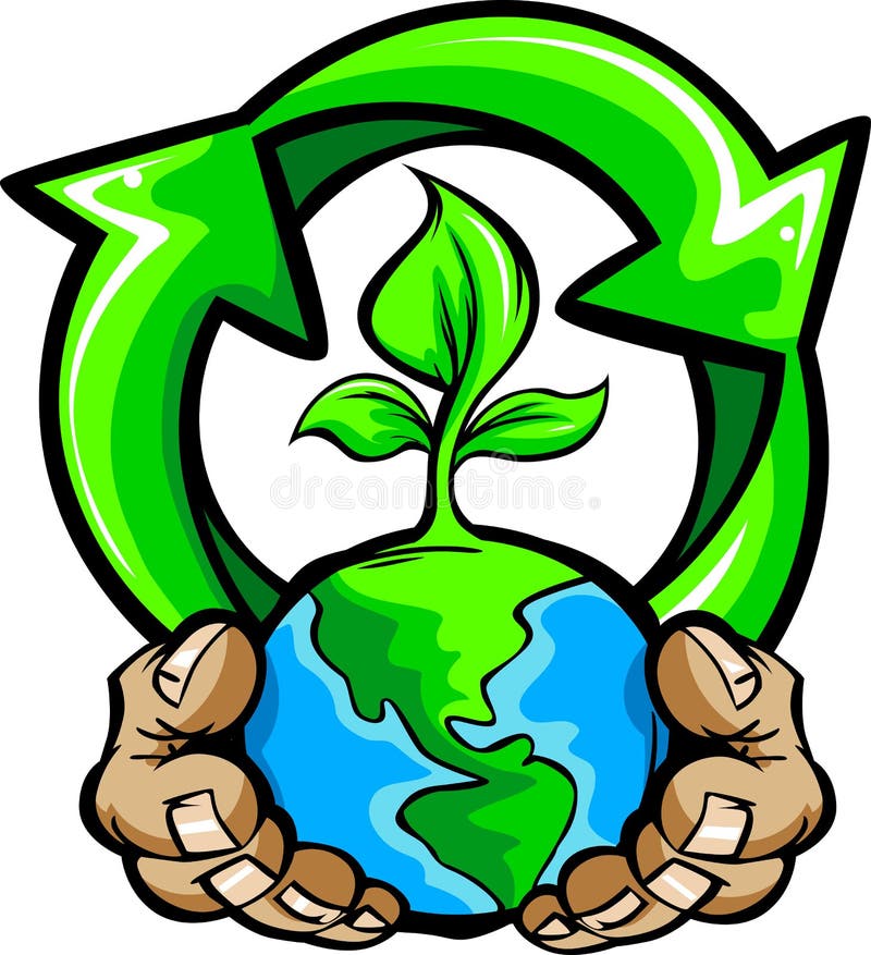 Cartoon Image of a Hands Holding Planet Earth with a green plant and a Recycling Symbol for Earth Day. Cartoon Image of a Hands Holding Planet Earth with a green plant and a Recycling Symbol for Earth Day