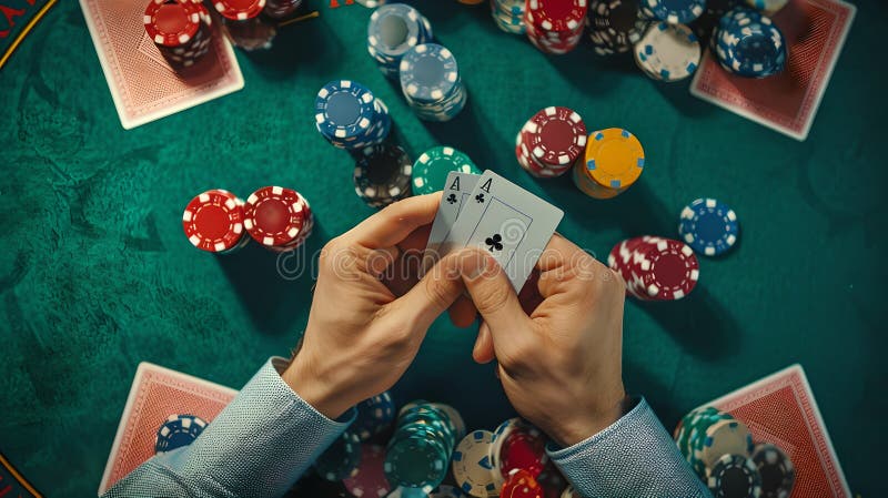 Close-up on a poker player& x27;s hands with cards and chips, conveying the tension in a casino game. AI. Close-up on a poker player& x27;s hands with cards and chips, conveying the tension in a casino game. AI