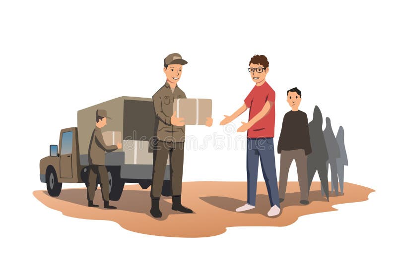 Les militaires ou les volontaires distribuent des boîtes à l'aide humanitaire La distribution de la nourriture et des nécessités