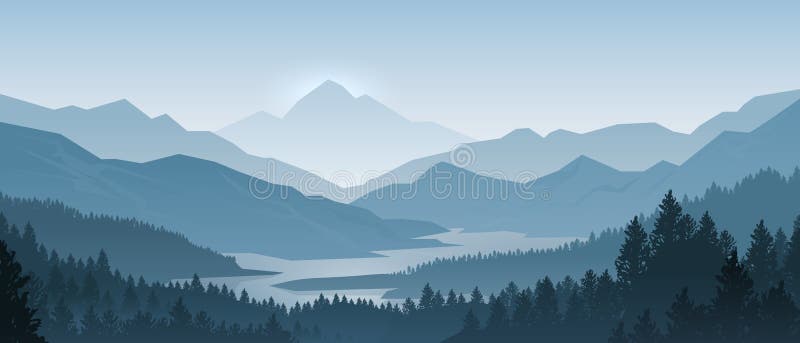 Les montagnes réalistes aménagent en parc Silhouettes en bois de panorama, de pins et de montagnes de matin Vecteur Forest Backgr