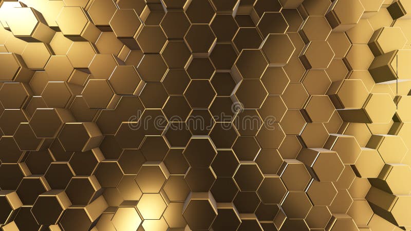 Golden honeycombs, hexagon surface, abstract 3d background and texture, render image for internet design. Golden honeycombs, hexagon surface, abstract 3d background and texture, render image for internet design.