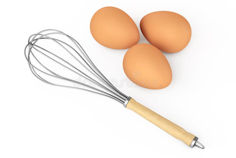 Les oeufs de Brown près du fil de cuisine battent le batteur d'oeufs rendu 3d photo stock Les oeufs de Brown près du fil de cuisine battent le batteur d'oeufs rendu 3d photo stock
