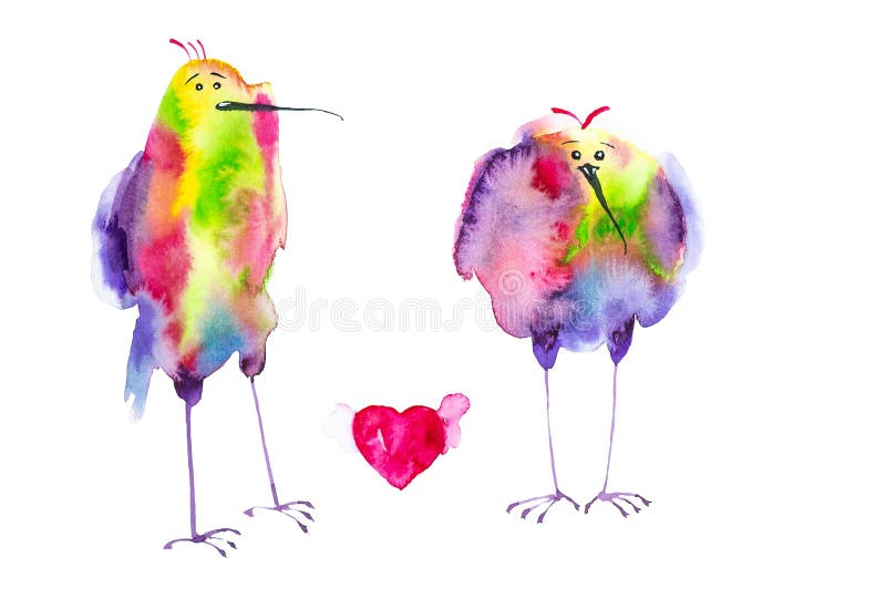 Les oiseaux abstraits multicolores tiennent et regardent le coeur rouge avec des ailes Illustration d'aquarelle d'isolement sur l illustration de vecteur Les oiseaux abstraits multicolores tiennent et regardent le coeur rouge avec des ailes Illustration d'aquarelle d'isolement sur l illustration de vecteur