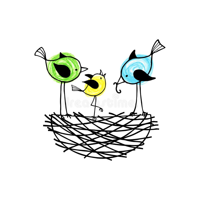 Family birds in a nest, the parents feed their nestling. Vector illustration. Family birds in a nest, the parents feed their nestling. Vector illustration.