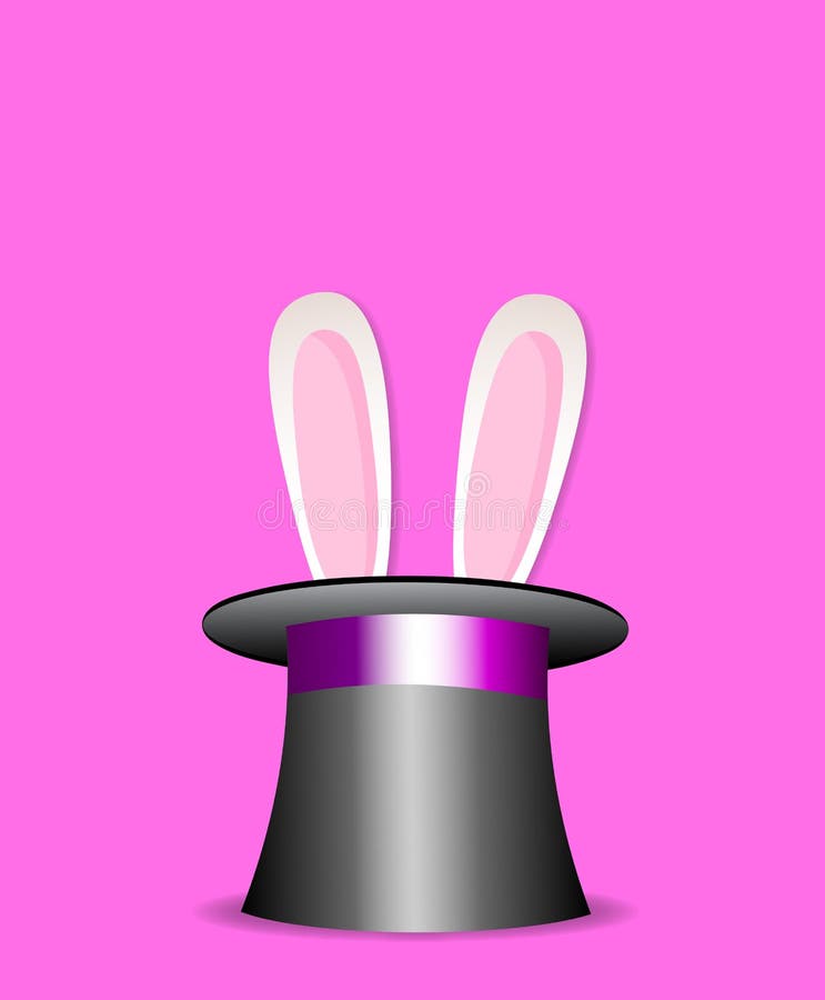 Les oreilles de lapin apparaissent du chapeau supérieur magique d'isolement sur le rose illustration stock Les oreilles de lapin apparaissent du chapeau supérieur magique d'isolement sur le rose illustration stock