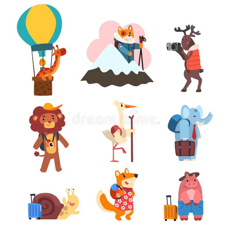 Les personnages de dessin animé mignons d'animaux voyageant sur l'ensemble de vacances, les animaux sauvages et les oiseaux avec illustration stock Les personnages de dessin animé mignons d'animaux voyageant sur l'ensemble de vacances, les animaux sauvages et les oiseaux avec illustration stock