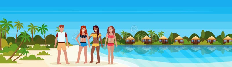 Les personnes de course de mélange sur l'île tropicale avec l'hôtel de pavillon de villa sur des paumes de vert de bord de la mer illustration libre de droits Les personnes de course de mélange sur l'île tropicale avec l'hôtel de pavillon de villa sur des paumes de vert de bord de la mer illustration libre de droits