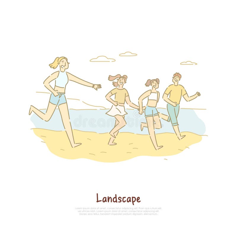 Les personnes heureuses courant sur le bord de mer, amies voyagent pour poncer la plage, tourisme de paysage, bannière de vacance illustration stock Les personnes heureuses courant sur le bord de mer, amies voyagent pour poncer la plage, tourisme de paysage, bannière de vacance illustration stock