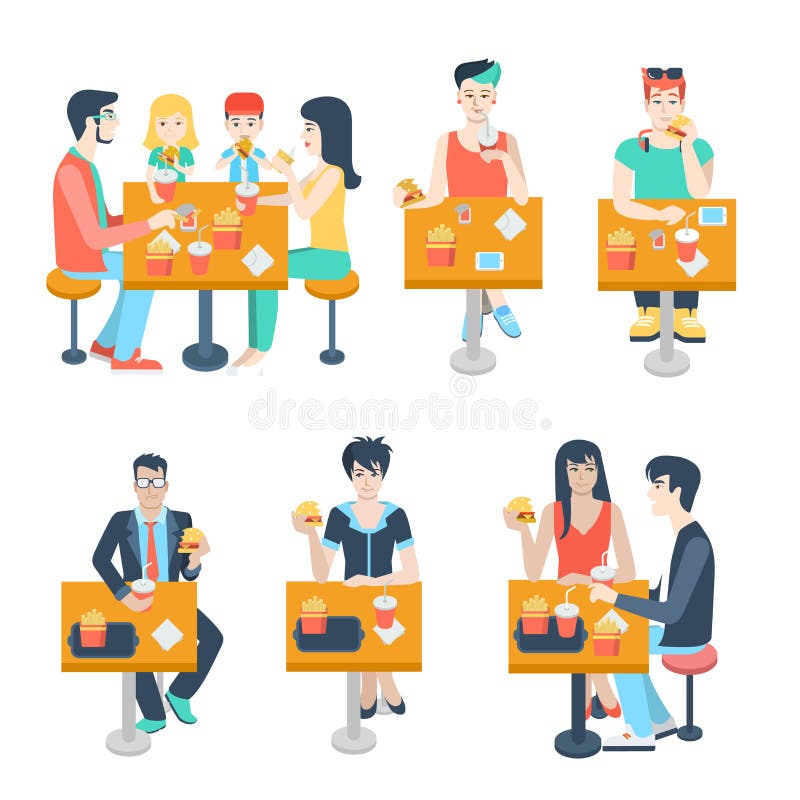 Les personnes plates de vecteur, couples, amis mangent en café de prêt-à-manger illustration de vecteur Les personnes plates de vecteur, couples, amis mangent en café de prêt-à-manger illustration de vecteur