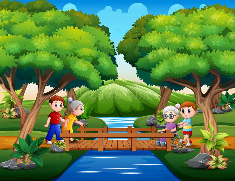 Les personnes âgées avec leur petit-enfant traversant un pont de bois illustration stock