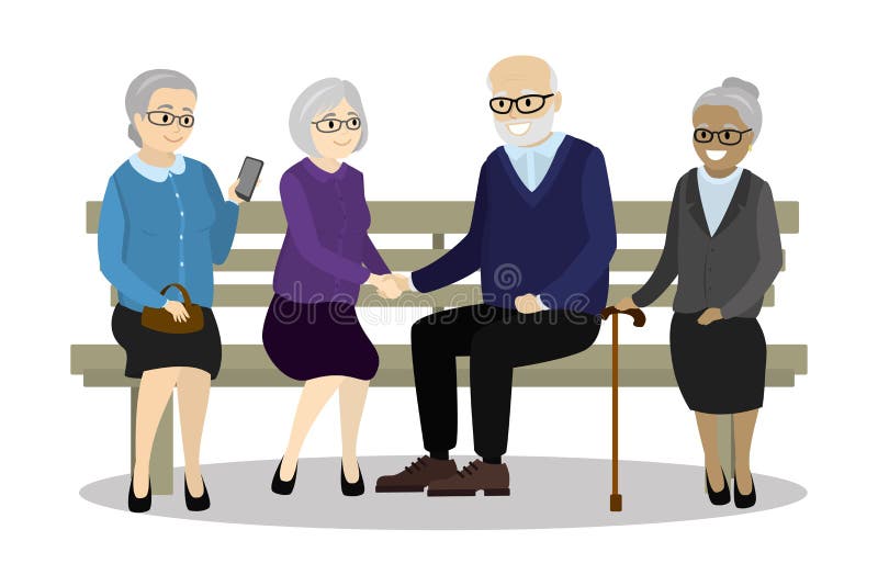 Les personnes âgées multiculturelles s'asseyent sur le banc illustration de vecteur Les personnes âgées multiculturelles s'asseyent sur le banc illustration de vecteur