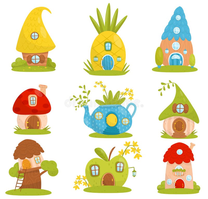 Les petites maisons mignonnes ont placé, maison d'imagination de conte de fées pour des illustrations de vecteur de gnome, de nai illustration stock Les petites maisons mignonnes ont placé, maison d'imagination de conte de fées pour des illustrations de vecteur de gnome, de nai illustration stock