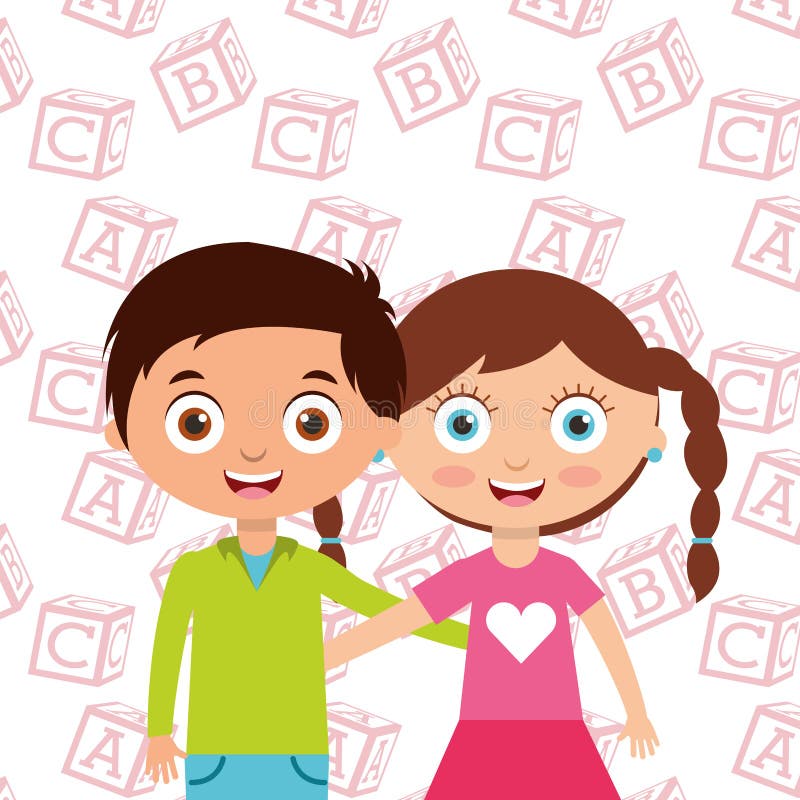Les petits enfants mignons garçon et les amis d'étreinte de fille avec l'alphabet bloque le fond illustration de vecteur Les petits enfants mignons garçon et les amis d'étreinte de fille avec l'alphabet bloque le fond illustration de vecteur