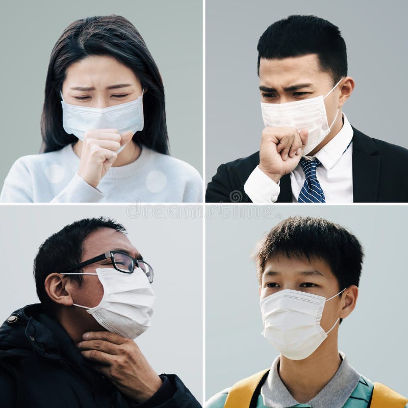 Les peuples d'asie souffrent de la toux avec la protection de masque image libre de droits