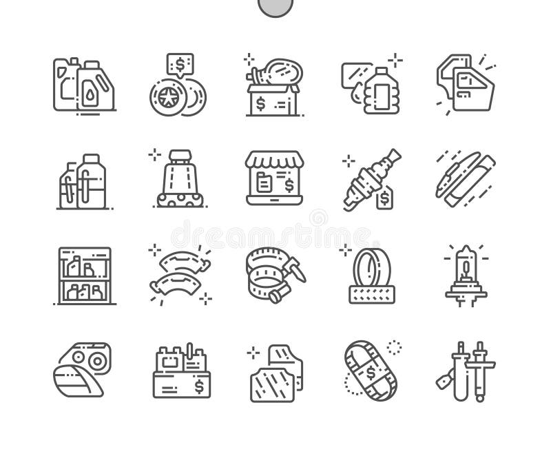 Les pièces de voiture font des emplettes ligne mince Bien-ouvrée icônes de vecteur parfait de pixel illustration de vecteur Les pièces de voiture font des emplettes ligne mince Bien-ouvrée icônes de vecteur parfait de pixel illustration de vecteur