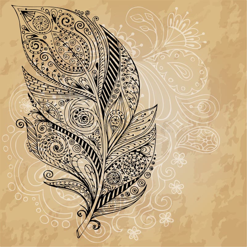 Artistically drawn, stylized tribal graphic feathers with hand drawn swirl doodle pattern. Grunge background. Illustration is created from a personal sketch by trace. Series of doodle feather. Artistically drawn, stylized tribal graphic feathers with hand drawn swirl doodle pattern. Grunge background. Illustration is created from a personal sketch by trace. Series of doodle feather