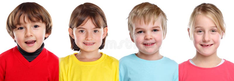 Les portraits de garçon de petite fille d'enfants d'enfants fait face dans une rangée d'isolement sur le blanc photographie stock libre de droits Les portraits de garçon de petite fille d'enfants d'enfants fait face dans une rangée d'isolement sur le blanc photographie stock libre de droits