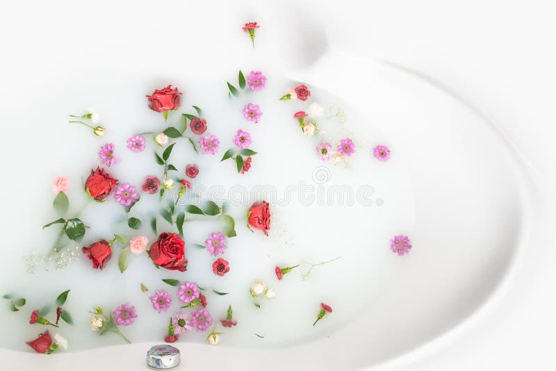 Les pétales et les feuilles de fleur de mélange au bain de lait, à l'arrière-plan ou à la texture pour le massage et la station t images stock Les pétales et les feuilles de fleur de mélange au bain de lait, à l'arrière-plan ou à la texture pour le massage et la station t images stock